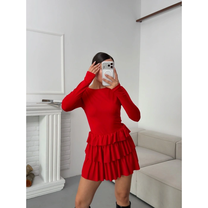 Bisiklet Yaka Fırfırlı Elbise - KIRMIZI