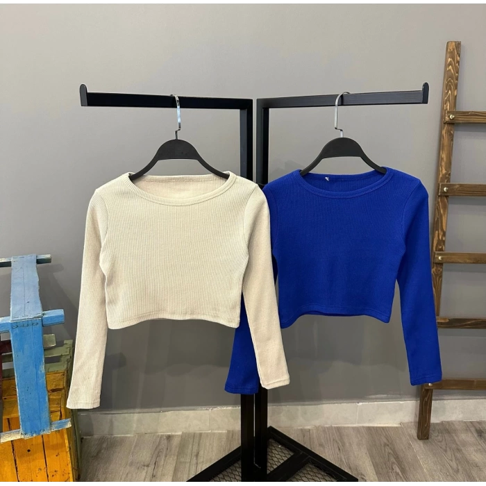 Bisiklet Yaka Kaşkorse Crop Bluz-BEJ