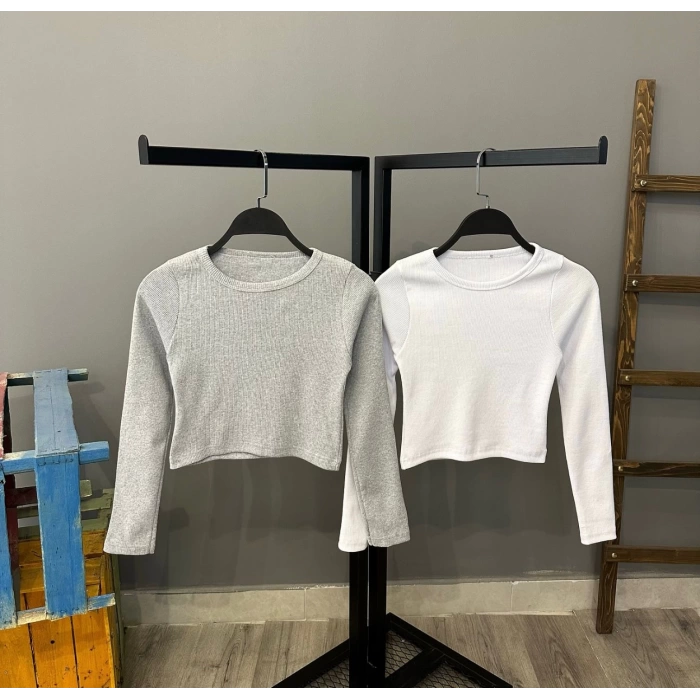 Bisiklet Yaka Kaşkorse Crop Bluz-GRİ