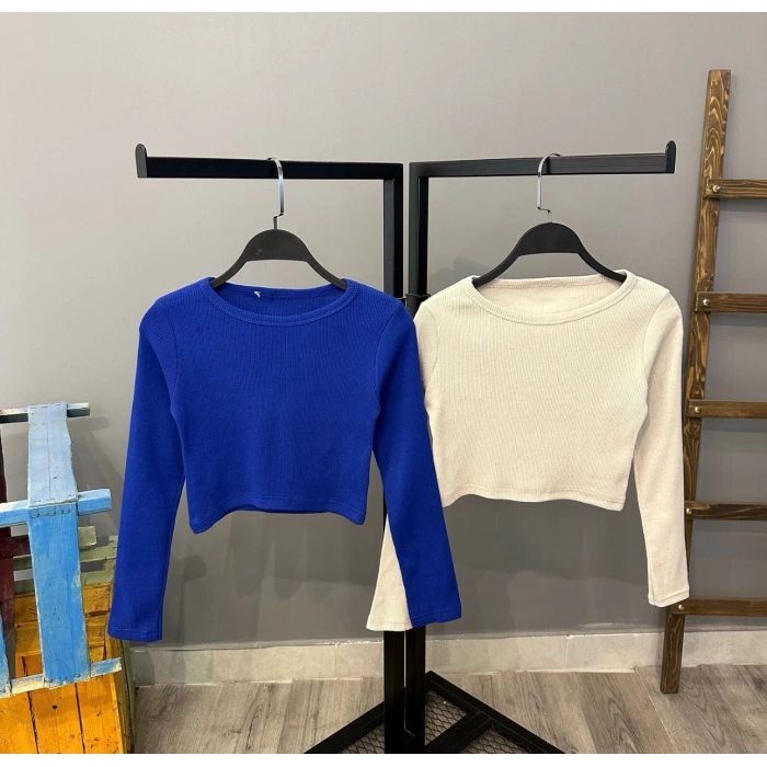 Bisiklet Yaka Kaşkorse Crop Bluz-MAVİ