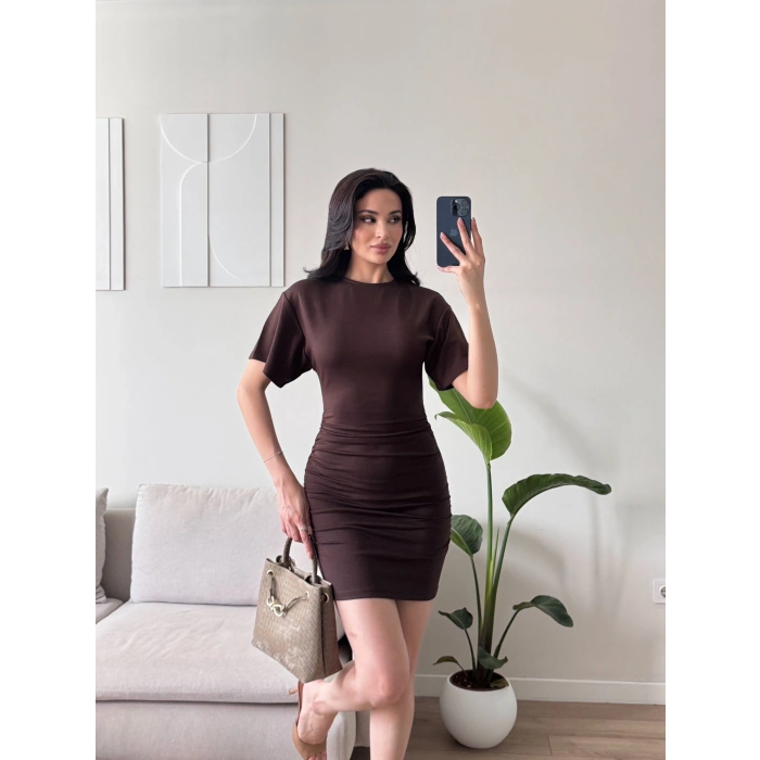 Bisiklet Yaka Modal Elbise - KAHVE