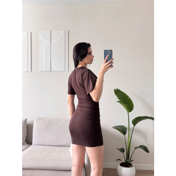 Bisiklet Yaka Modal Elbise - KAHVE