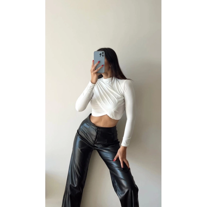 Bisiklet Yaka Sandy Crop Bluz-BEYAZ