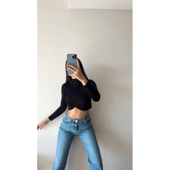 Bisiklet Yaka Sandy Crop Bluz-SİYAH