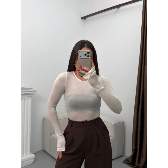 Bisiklet Yaka Transparan Bluz - BEYAZ