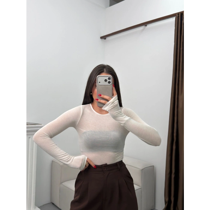 Bisiklet Yaka Transparan Bluz - BEYAZ