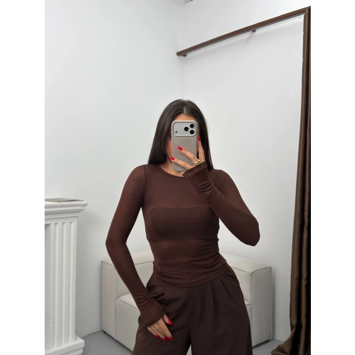 Bisiklet Yaka Transparan Bluz - KAHVE