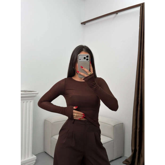 Bisiklet Yaka Transparan Bluz - KAHVE