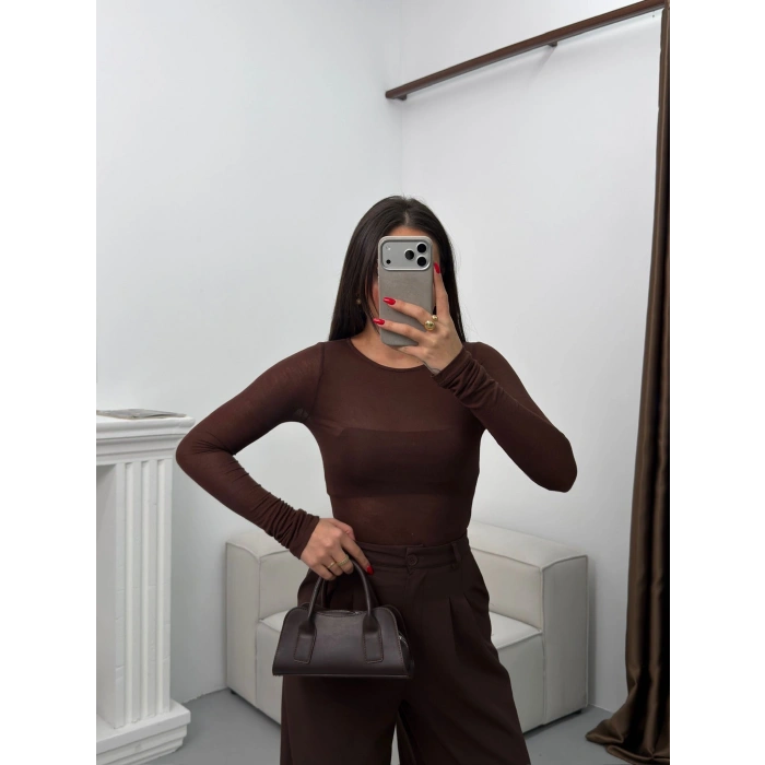 Bisiklet Yaka Transparan Bluz - KAHVE