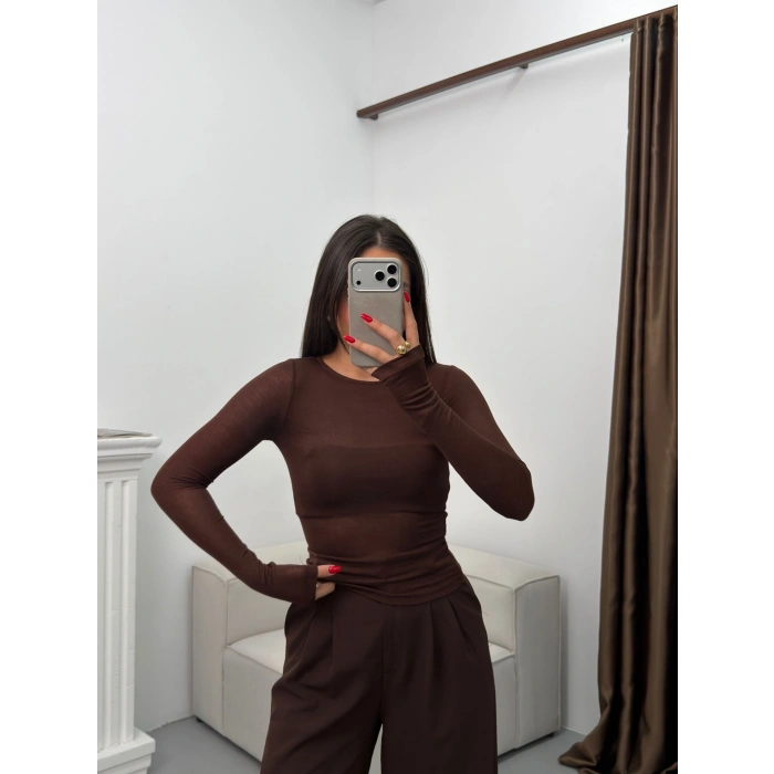 Bisiklet Yaka Transparan Bluz - KAHVE