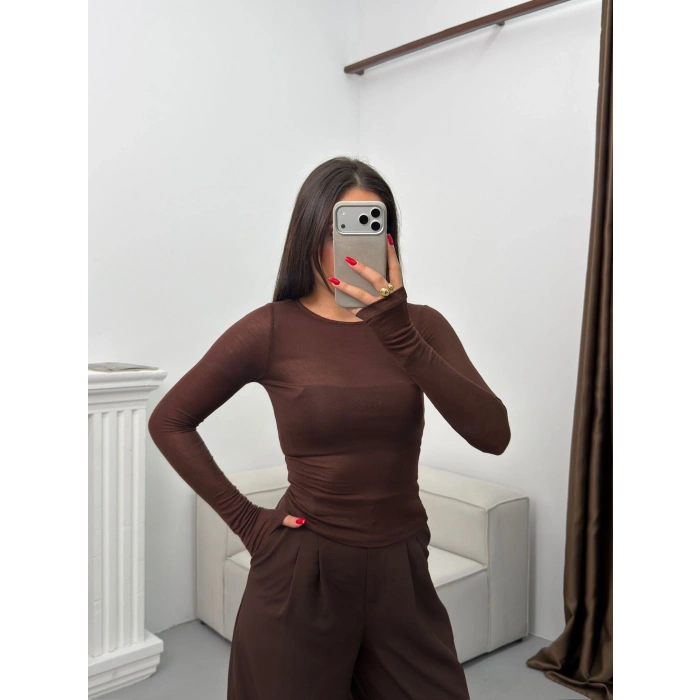 Bisiklet Yaka Transparan Bluz - KAHVE