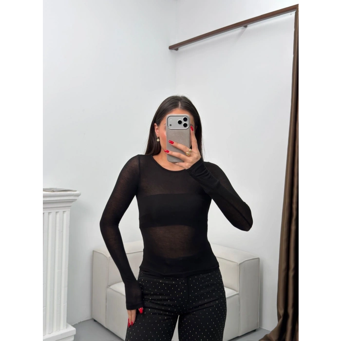 Bisiklet Yaka Transparan Bluz - SİYAH