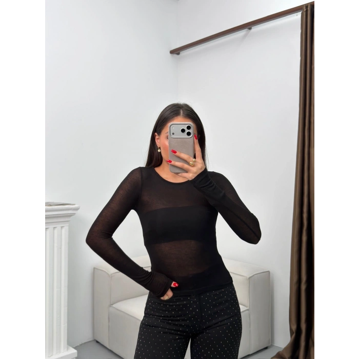 Bisiklet Yaka Transparan Bluz - SİYAH