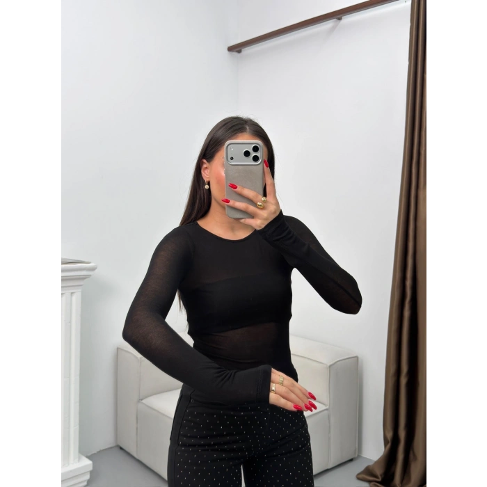 Bisiklet Yaka Transparan Bluz - SİYAH