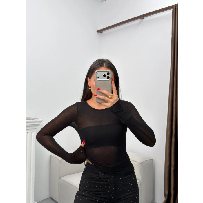 Bisiklet Yaka Transparan Bluz - SİYAH