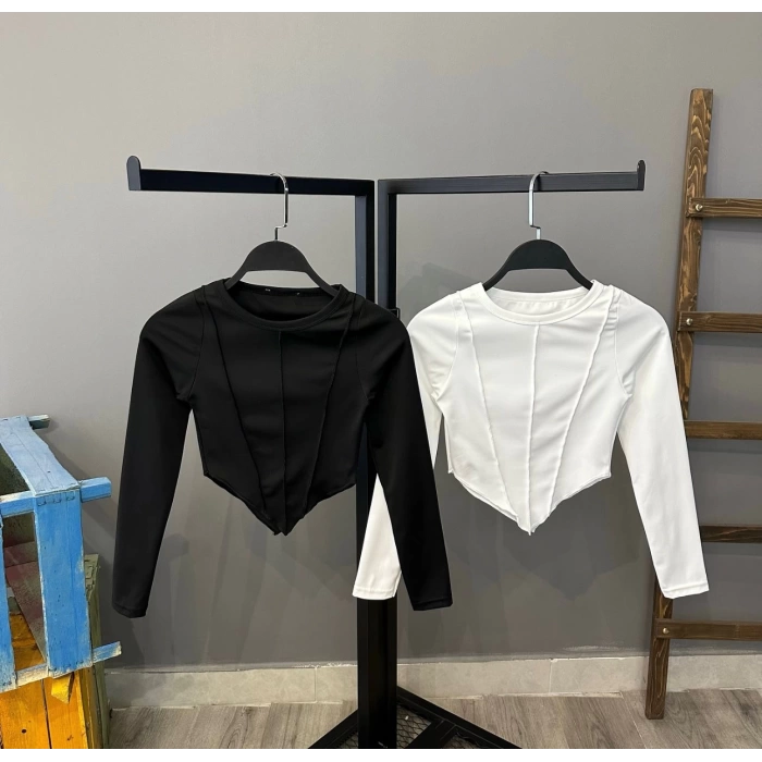 Biyeli Asimetrik Crop Bluz-SİYAH