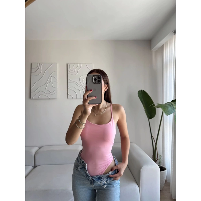 Biyeli Askılı Bodysuit - PEMBE