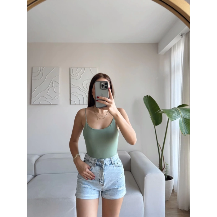 Biyeli Askılı Bodysuit - YEŞİL