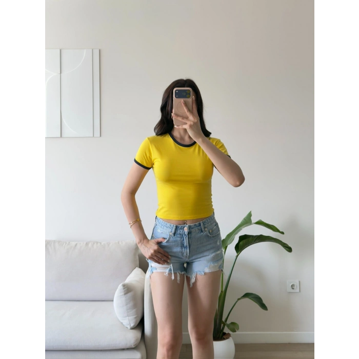 Biyeli Crop Tişört - SARI