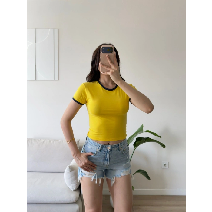 Biyeli Crop Tişört - SARI