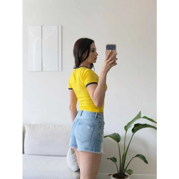 Biyeli Crop Tişört - SARI