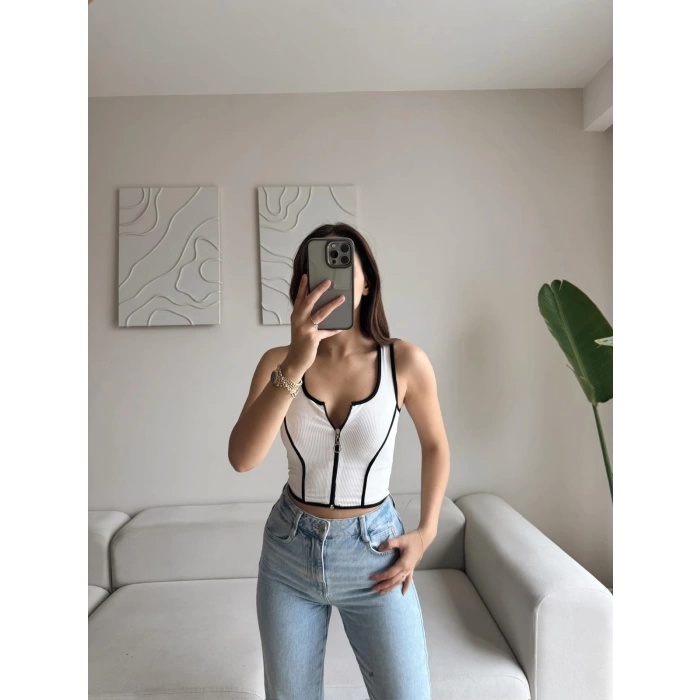 Biyeli Fermuar Crop - BEYAZ