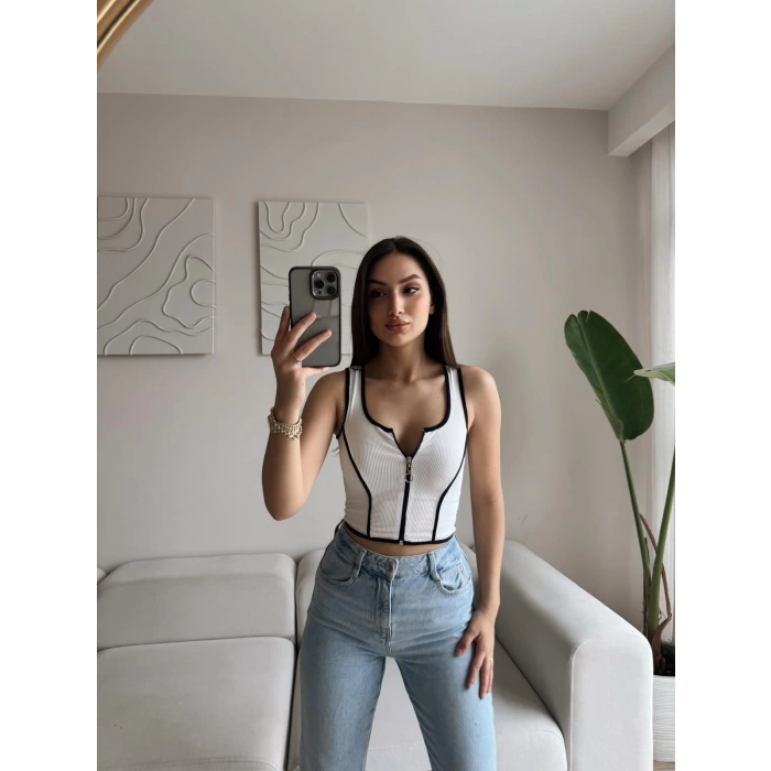Biyeli Fermuar Crop - BEYAZ