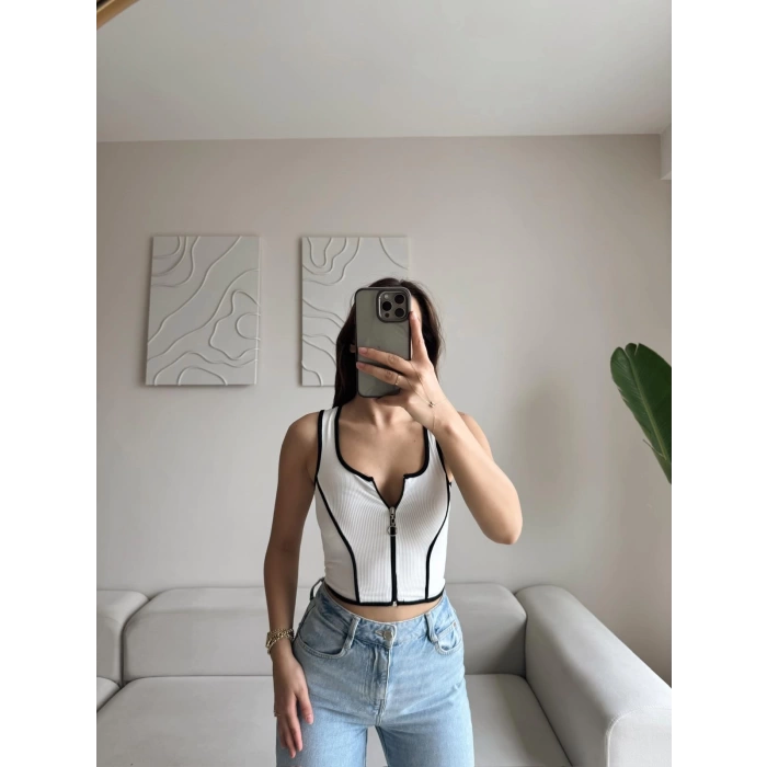 Biyeli Fermuar Crop - BEYAZ