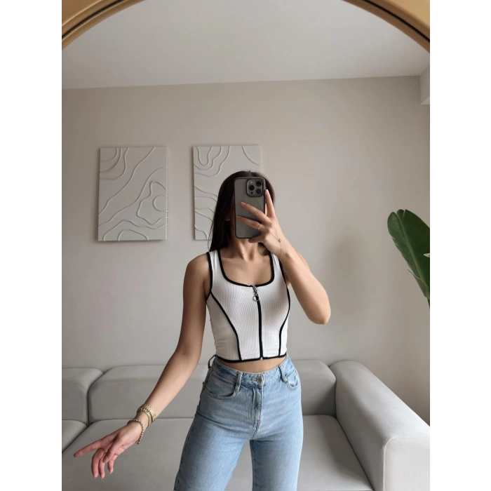Biyeli Fermuar Crop - BEYAZ
