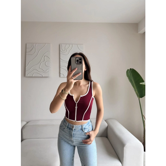 Biyeli Fermuar Crop - BORDO