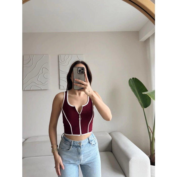 Biyeli Fermuar Crop - BORDO