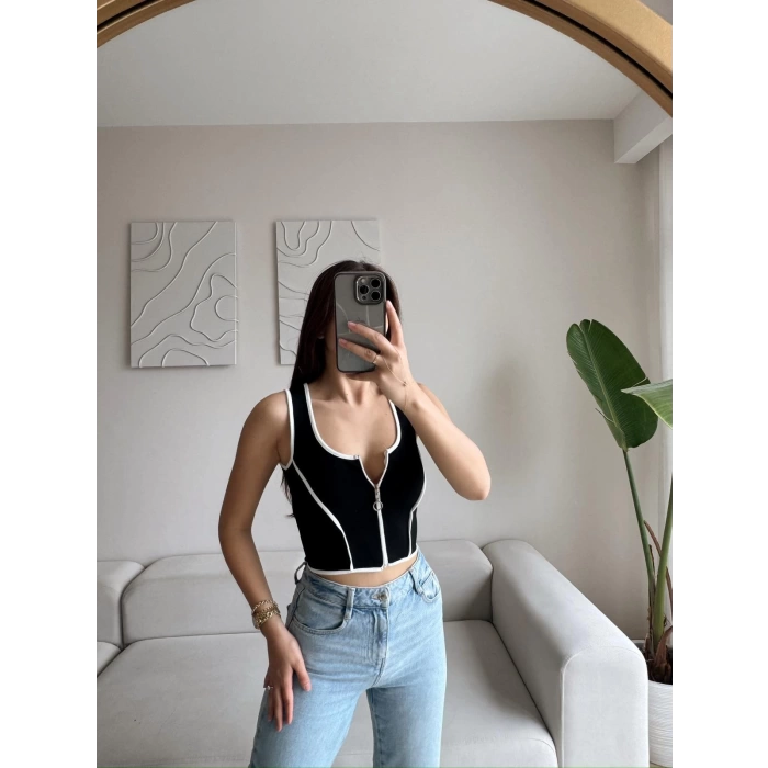 Biyeli Fermuar Crop - SİYAH