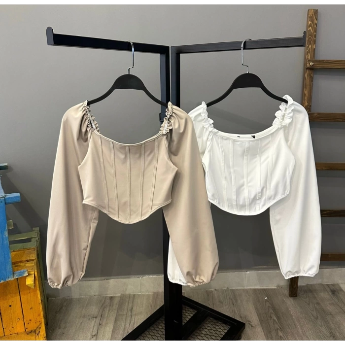 Biyeli Madonna Yaka Crop Bluz-VİZON