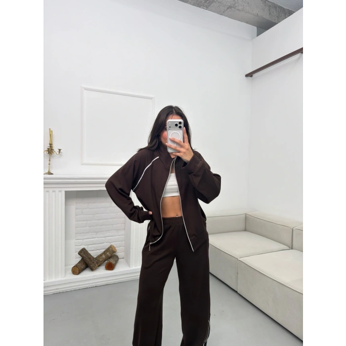 Biyeli Oversize Eşofman Takımı - KAHVE