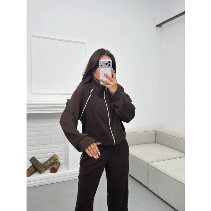 Biyeli Oversize Eşofman Takımı - KAHVE