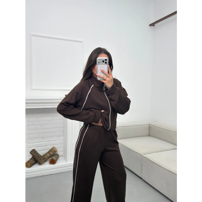 Biyeli Oversize Eşofman Takımı - KAHVE