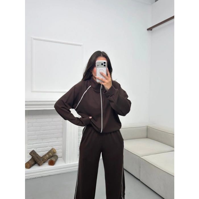 Biyeli Oversize Eşofman Takımı - KAHVE