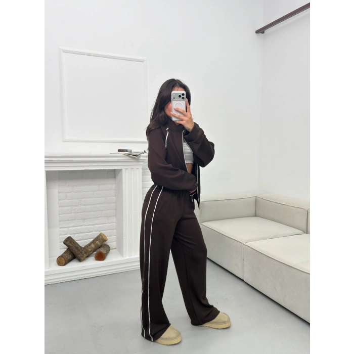 Biyeli Oversize Eşofman Takımı - KAHVE