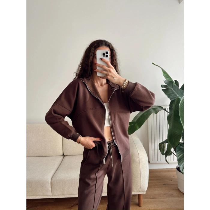 Üç İplik Bİyeli Eşofman Takımı - KAHVE