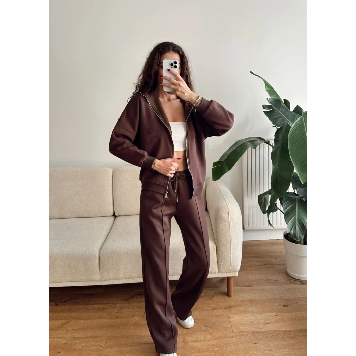 Üç İplik Bİyeli Eşofman Takımı - KAHVE