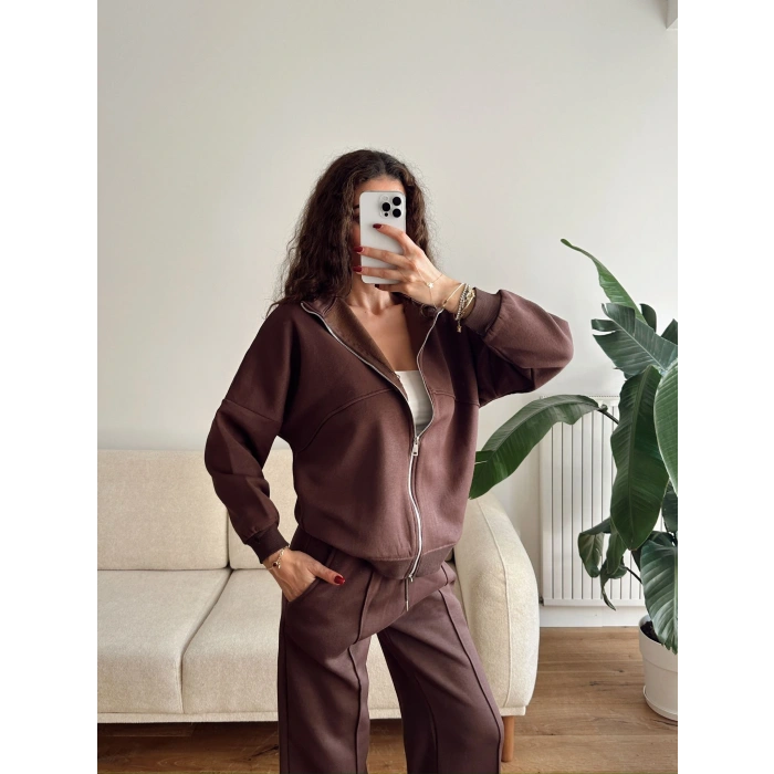 Üç İplik Bİyeli Eşofman Takımı - KAHVE