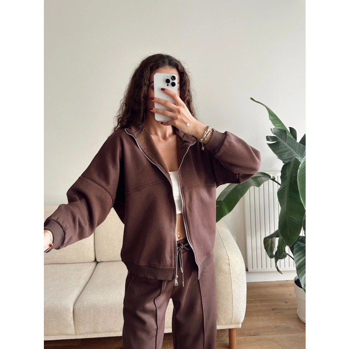 Üç İplik Bİyeli Eşofman Takımı - KAHVE