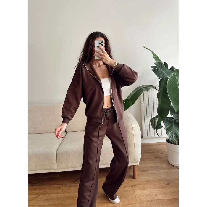 Üç İplik Bİyeli Eşofman Takımı - KAHVE