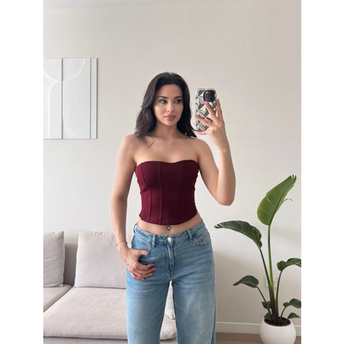 Biyeli Straplez Crop - BORDO