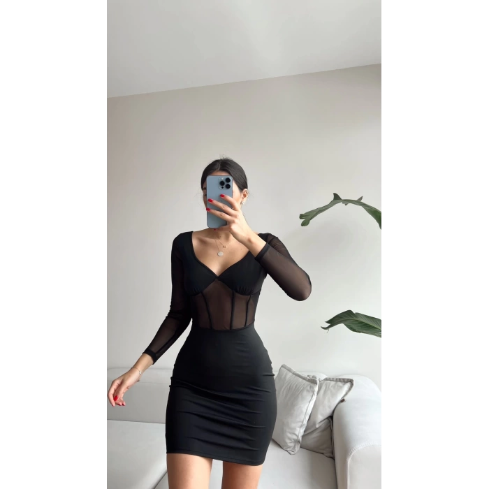 Biyeli Tül Detay Elbise