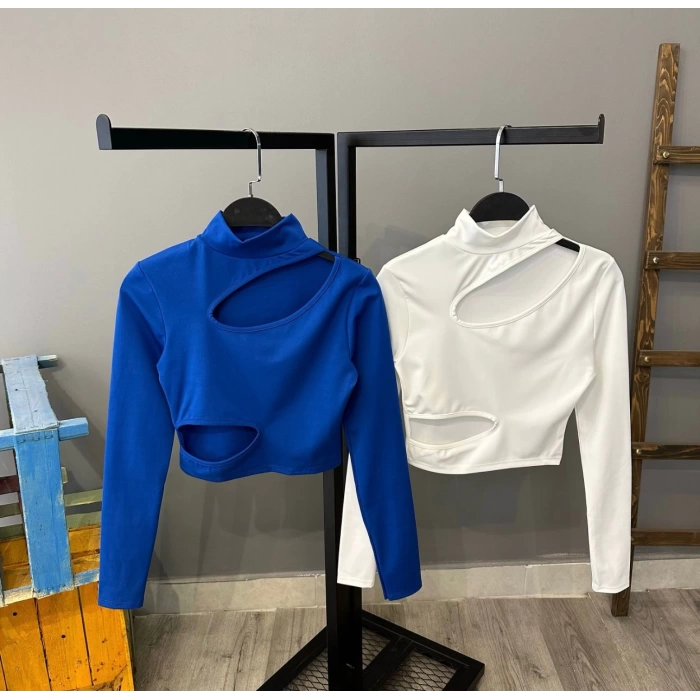 Boğazlı Crop Bluz-MAVİ