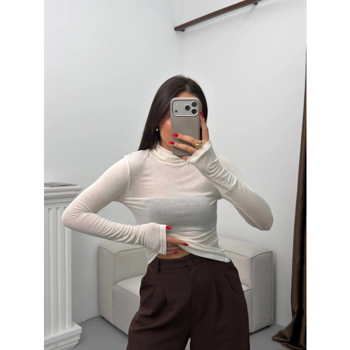 Boğazlı Transparan Bluz - BEYAZ