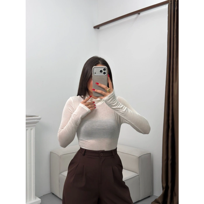 Boğazlı Transparan Bluz - BEYAZ