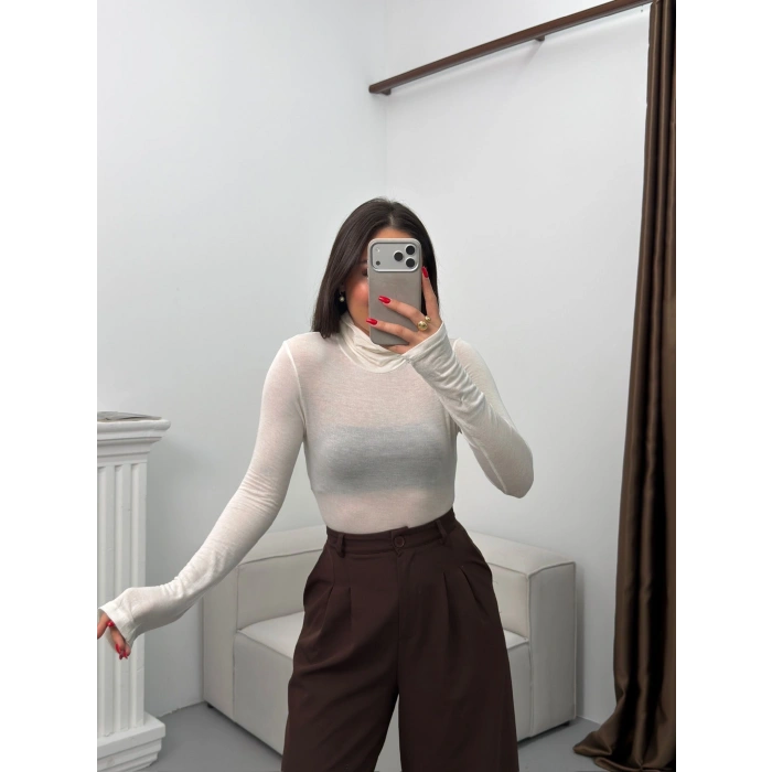 Boğazlı Transparan Bluz - BEYAZ