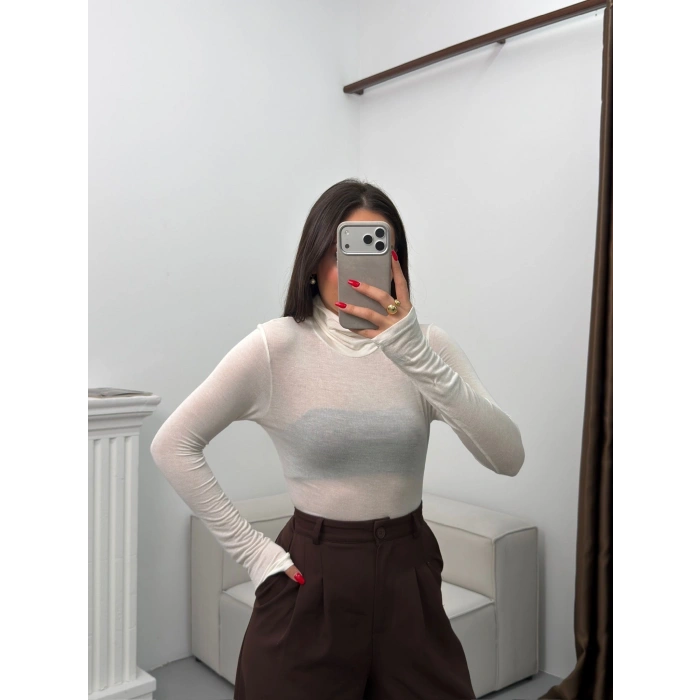 Boğazlı Transparan Bluz - BEYAZ